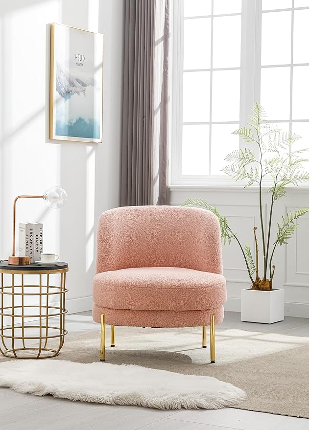 28.4 W Accent Chair Upholstered Curved Backrest Reading Chair Single Sofa Leisure Club Chair with Golden Adjustable Legs for Living Room Bedroom Dorm Room (Pink Boucle)