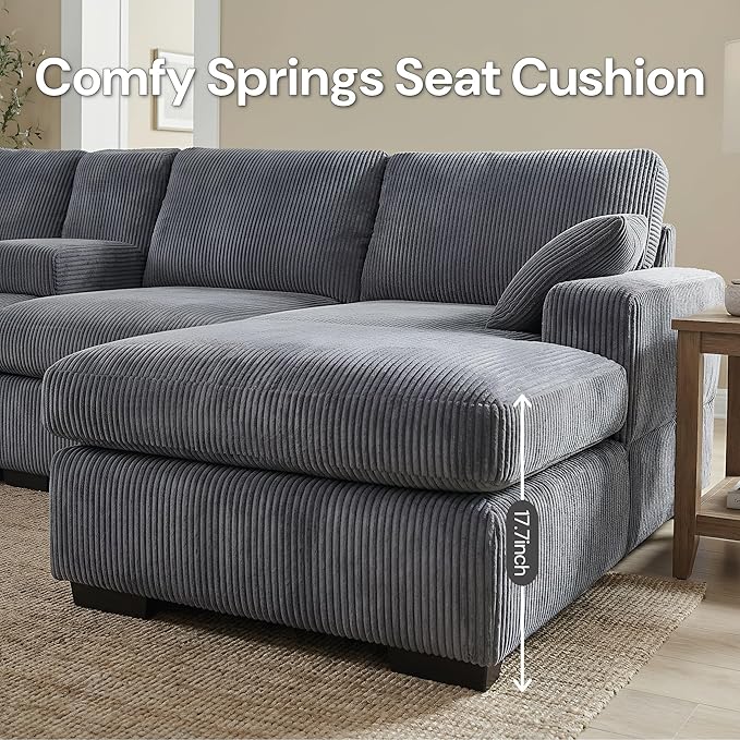 126 U Shaped Sofa Modular Sectional Sofa with Chaise Lounges Modern Couch with Storage Console USB Charging Ports &amp Cup Holders Corduoy Upholstered Deep Seat Couch for Living Room Grey | sto