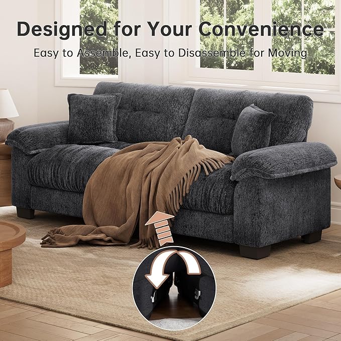 91.5 Modern Cloud Couch Sofa Comfy Chenille Couches for Living Room Easy to Assemble Apartment Black Couch with Wide Armrests Removable Cushion Fashion Cute Sofas with Pillows for Bedroom Office