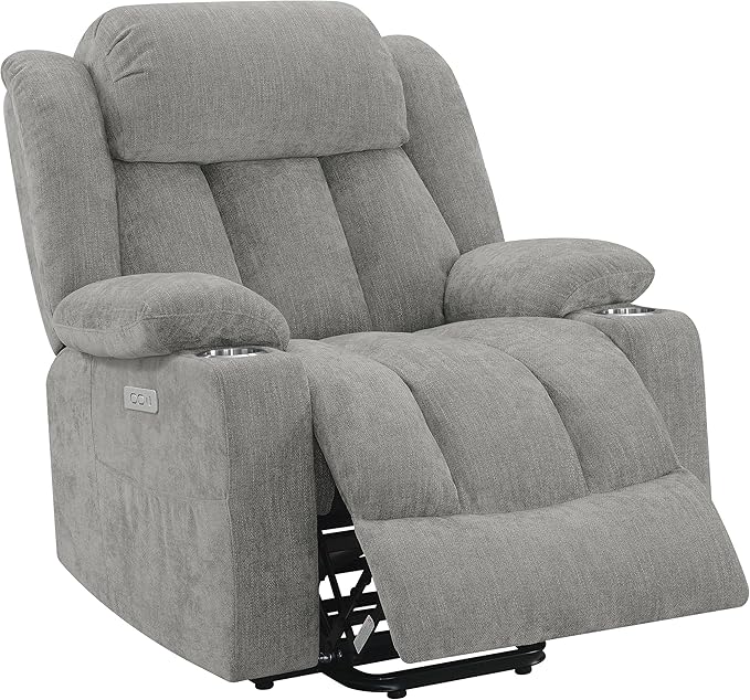 Coaster Home Furnishings - Houston - Fabric Upholstered Power Lift Recliner Chair with Built-in USB Port Cup Holders Power Panel with Simple Buttons - Living Room - Gray - 602284P