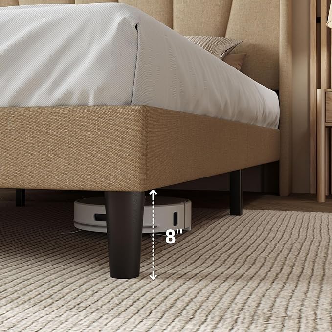 Allewie Full Size Platform Bed Frame with Geometric Wingback Headboard Boho Upholstered Bed with Wooden Slats Support No Box Spring Needed Easy Assembly Beige