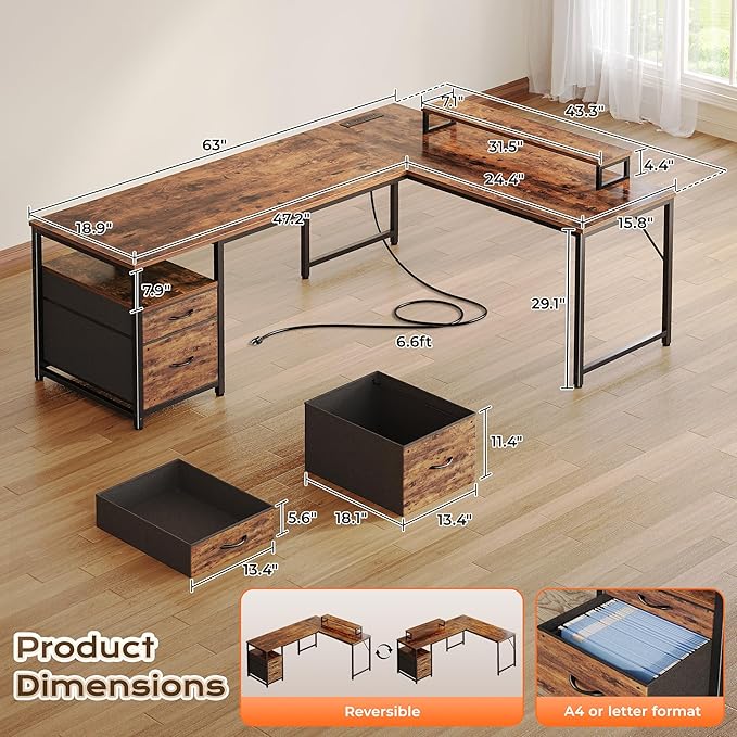 PRAISUN 63 Inch L Shaped Desk with Power Outlets and USB-C Port Computer Corner Home Office Desk with File Fabric Drawers and Movable Monitor Stand Larger Storage Gaming Writing Rustic Brown