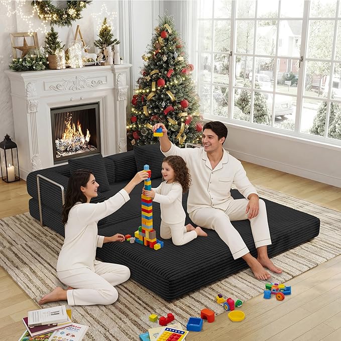 4-in-1 Foldable Sofa Bed Teddy Foam-Filled Compressed Couch Loveseat Sofa Boneless Foldable Convertible Sleeper Sofa Couch for Space Saving Living Room Guest Bed Playroom (Black 53.15Double Sofa)