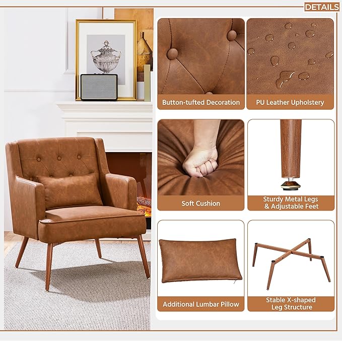 Yaheetech Accent Chair Living Room Chair Mid Century PU Leather Armchair Lumbar Pillow Comfy Upholstered Reading Chair Wood Leg Bedroom Lounge Brown