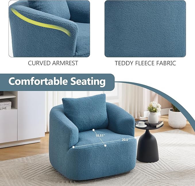 PELUMY Swivel Accent Chair Modern Round Barrel Chair Soft Teddy Fleece Fabric Swivel Chair for Living Room 360 Rotating Small Space Comfort Reading Chair No Tools Assembly (Blue)
