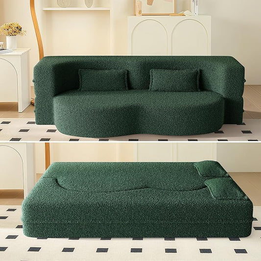 78 Convertible Sofa Bed 2-in-1 Folding Floor Couch with 2 Pillows Sleeper Sofa for Living Room and Bedroom No Assembly Required (Green Teddy Fabric)