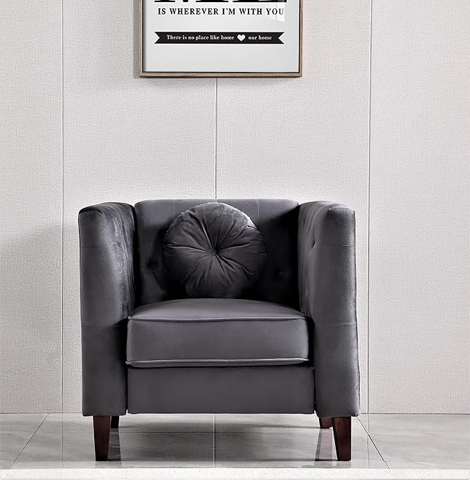Kittleson Classic Chesterfield Velvet Accent Chair with Elegant Button Tufted Backrest Square Legs High-Density Foam &amp Accent Pillows Arm Chair for Living Room Chair Grey