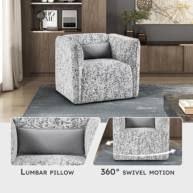 Lexicon 360 Degree Swivel Accent Chair Modern Jacquard Fabric Barrel Chair with Metal Swivel Base and Lumbar Pillow for Living Room/Bedroom/Office Assembled Gray