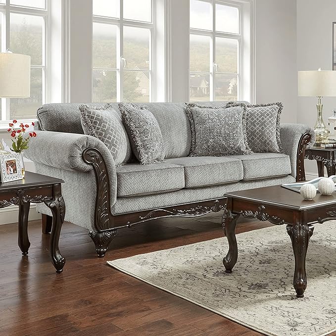 Hernen Carved Wood Frame Sofa Gray