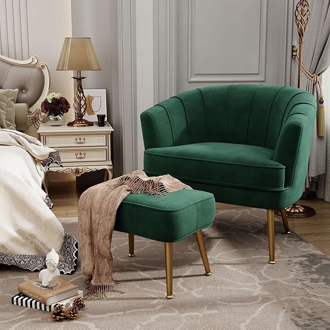 Andeworld Velvet Accent Chair with Ottoman Upholstered Modern Single Sofa Side ChairComfy Barrel Club Living Room Armchair with Golden Metal Legs for Bedroom Living Reading Room Office Green