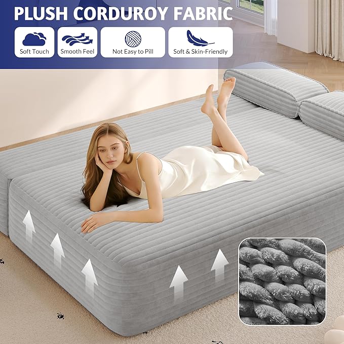 78.7 Queen Convertible Sofa Bed 2-in-1 Corduroy Folding Floor Couch with 3 Pillows Sleeper Sofa for Living Room and Bedroom No Assembly Required (Light Grey)