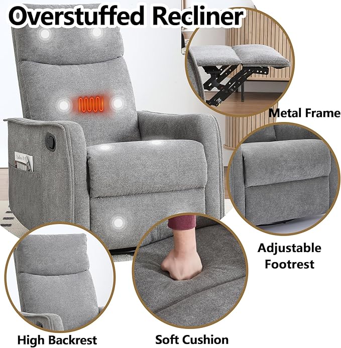 Heated Massage Recliner Chairs for Adults Swivel Rocking Chair Recliner with High Back Small Recliner Chair for Small Spaces Manual Lazy Boy Recliners for Living Room Pockets Fabric (Grey)