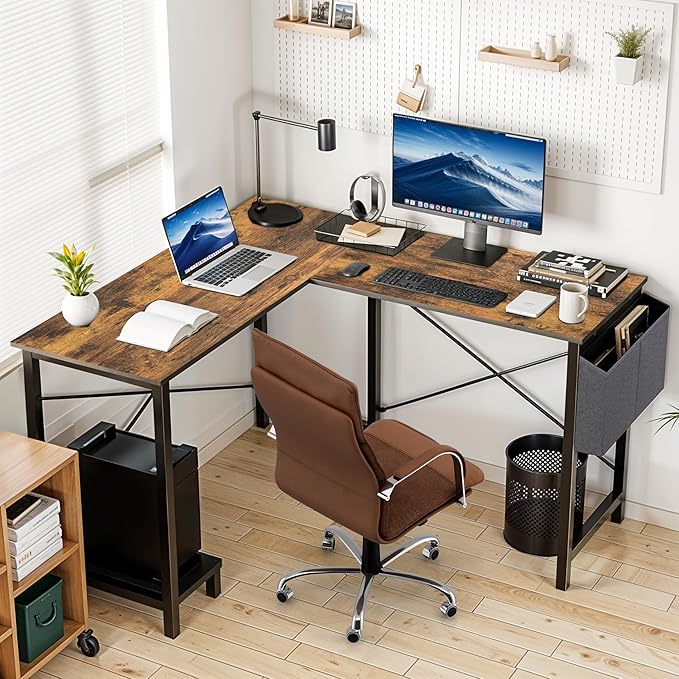 50-Inch Rustic L-Shaped Wooden Tabletop Home Office Desk with Reversible Corner and Metal Frame Including Main Stand and Side Pocket for Gaming Working and Studying