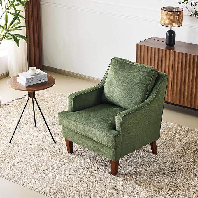 VINGLI Mid-Century Modern Accent Chair Green Upholstered Armchair Comfy Sofa Chair Reading Chair High Back for Living Room Bedroom Furniture Apartment