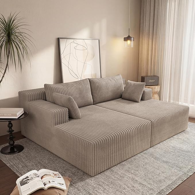 71-Inch Fluffy Corduroy Boneless Sleeper Daybed Loveseat Double Recliner Chaise Lounge Sofa Couches Floor Cloud Sofa Chaise W/4 Pillows for Home Apartment Living Room