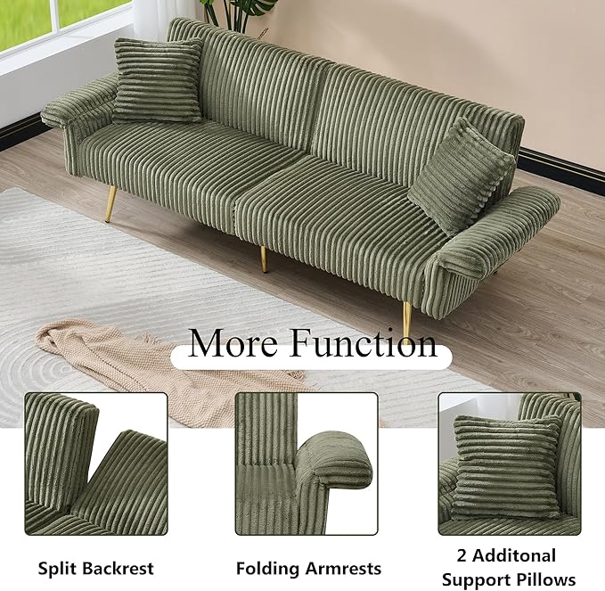 79 W Foldable Sofa BedOverstuffed Futon LoveseatComfy Upholstered Sofa Chair with Adjustable Armrests &amp BackrestConvertible Extra Deep Sleeper Sofabed for Living Room (Green 2 Seat)