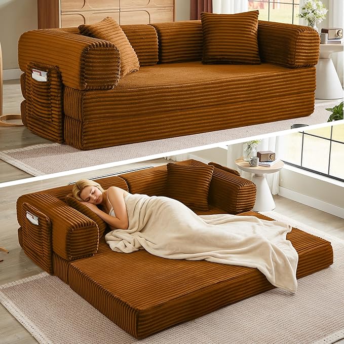 Boneless Couch Folding Couches for Living Room Sofa Futon Sofa Bed with Sleeper Sofa Futon Couch with Fixed-Shape Oversized Corduroy Upholstered (Orange 81 Inches)
