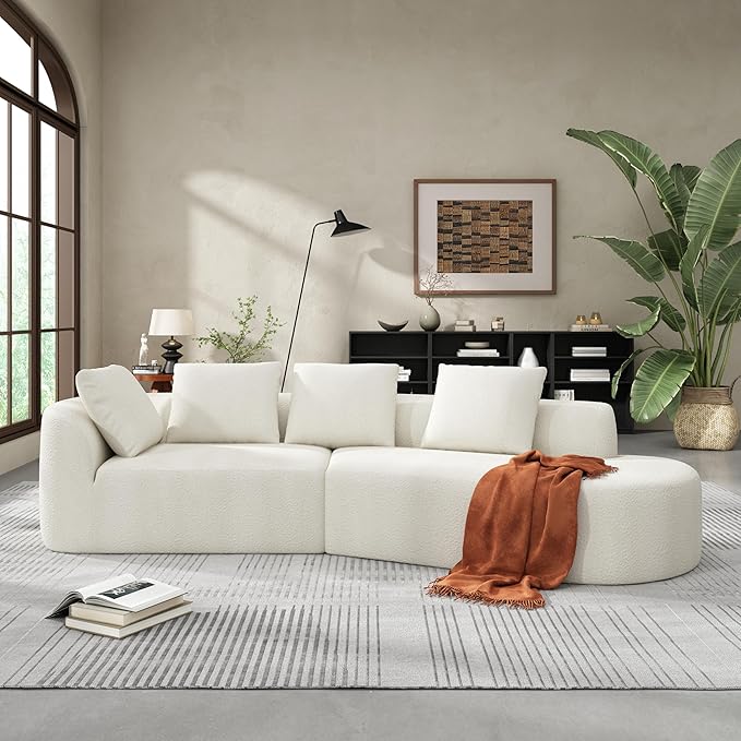 Merax 116 Curved Polyester Sectional Sofa Modern Pearl Upholstery 3 Seat Cloud Couch with Chaise Lounge &amp 4 Pillows for Living Room Beige