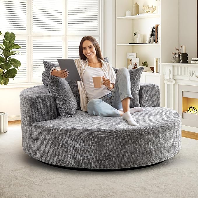 55 W Oversized Round Swivel Accent Barrel Chair360 Degree Chenille Upholstered Comfy Chaise Lounge Chair IndoorModern Deep Seat Single Sofa Armchair for Living RoomBedroomOffice(Grey)