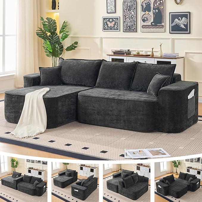 104 Cloud Sectional Couch Modern Modular L Shape Sectional Sofa with Deep Seat Chaise Comfy Chenille Boneless Couches for Living Room (Black Left Chaise)