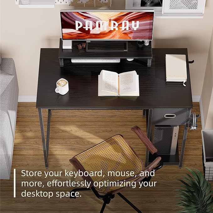 Pamray 39 Inch Computer Desk with Monitor Stand Small Home Office Desks with Non-Woven Storage Drawer for Bedroom Study Table Writing and Work Desk Espresso GrayGray Leg