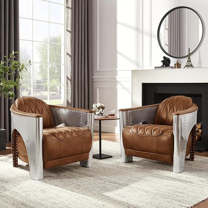 Volans Genuine Leather Accent Arm Chair with Vintage Aluminum Patchwork for Living Room Retro Cognac