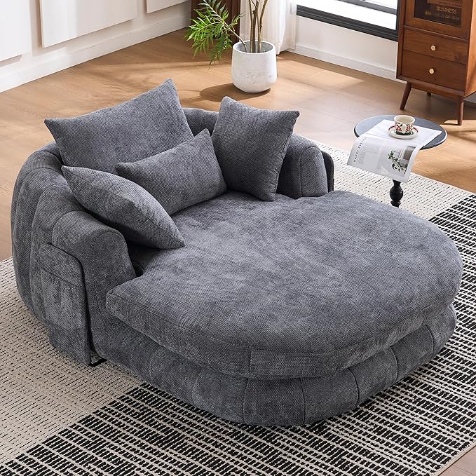 Oversized Chaise Lounge Indoor Deep Seat Boneless Sofa Bed with Throw Pillows Plush Chenille Fabric No Assembly Required Comfy Sleeper Sofa for Living Room Bedroom (Grey with Pocket)