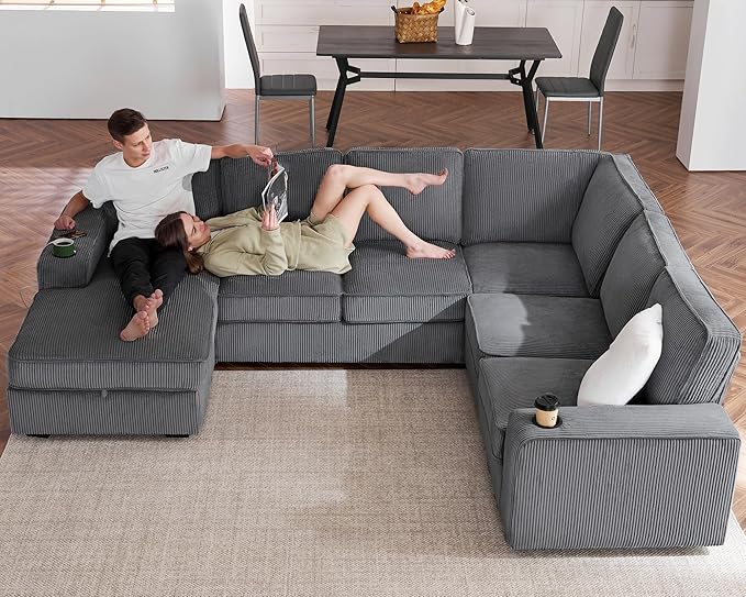 PaPaJet U Shaped Couch 112 Inch Oversized Couch with Storage Chaise Sectional Sofa with Cup Holders &amp 2 USB Ports Corduroy Grey Sofa