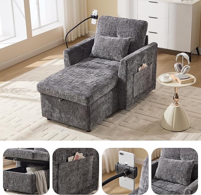 32 Comfy Chaise Lounge Sofa Bed Chair with Storage Side Pockets Phone Holder &amp 2 Pillows Modern Chenille Upholstered Sleeper Sofa Leisure Chair for Living Room Bedroom Small Spaces (Grey)