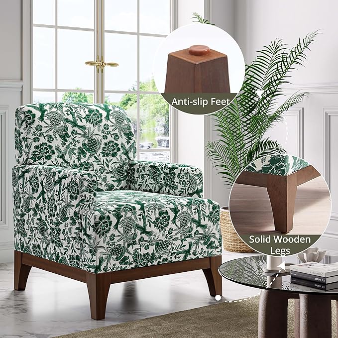 Floral Accent Chair Set of 2 Upholstered Armchair with Solid Legs Comfy Reading Single Sofa with Spring-Padded Cushion for Bedroom Green