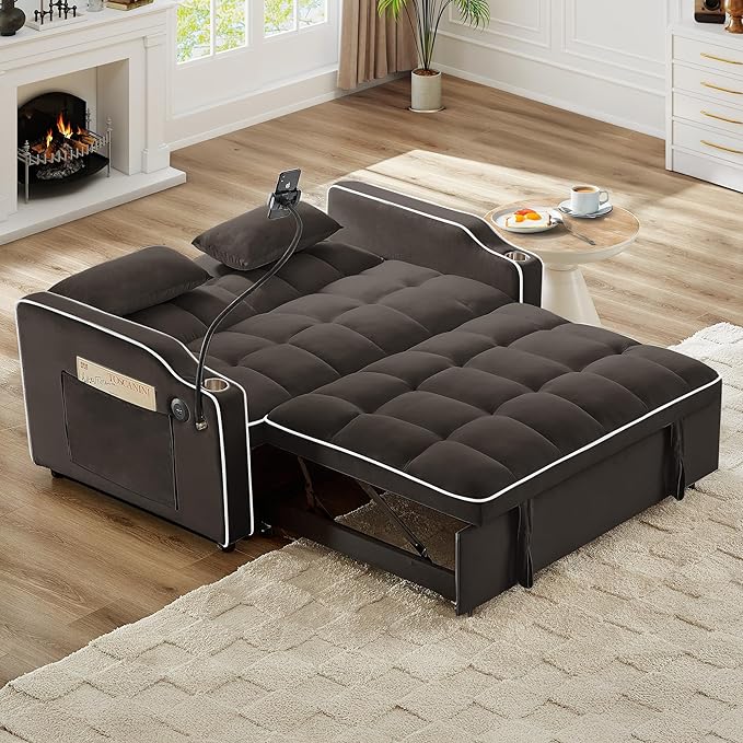 3-in-1 Convertible Loveseat Sleeper Sofa with Cup Holders &amp Phone Holder Futon Couch with Pull Out Bed and Adjustable Backrest Modern Velvet Chaise Lounge for Living Room Bedroom (Brown 54.7)