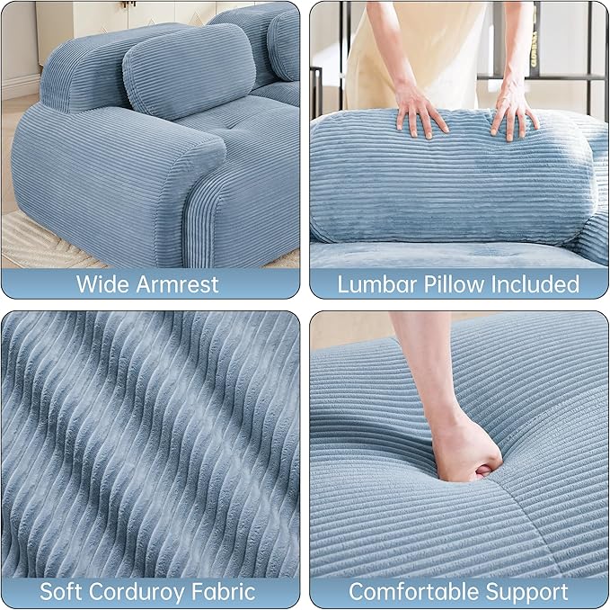 Cloud Sectional Couch Boneless L Shaped Couch 117.3'' Modular Sectional Sofa with Ottoman Modular Cloud Sofa 3 Seater Corduroy Deep Seat Couches for Living Room No Assembly Couches Blue