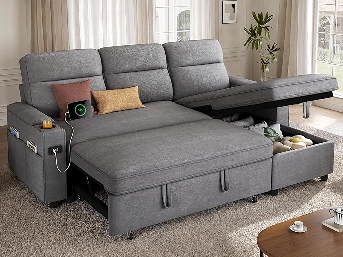 YITAHOME Sectional Sleeper Sofa with Pull Out Couch Bed 81 Convertible Sleeper Sofa with Adjustable Backrest Sofa Bed Sleeper Couch with Armrest &amp USB Port Grey
