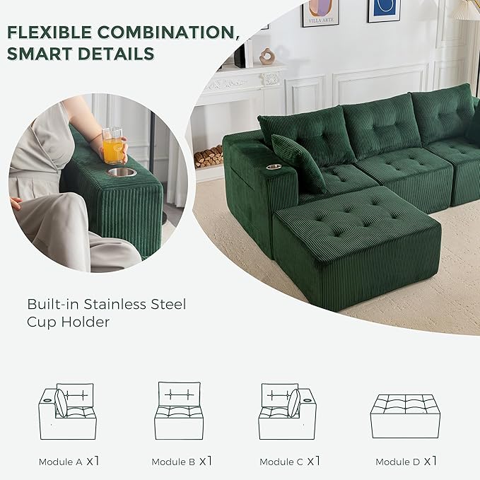 MAXYOYO Modular Sectional Sofa Couch L Shaped Modern Cloud Couch with Ottoman Sofa in A Box Tufted 4-Seat Boneless Sleeper Chair for Living Room No Assembly Required Green
