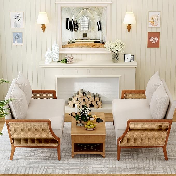 Loveseat Sofa Couches with Rattan Arms and Pillows for Living Dining Room Bedroom Office Entryway Small Spaces Ivory