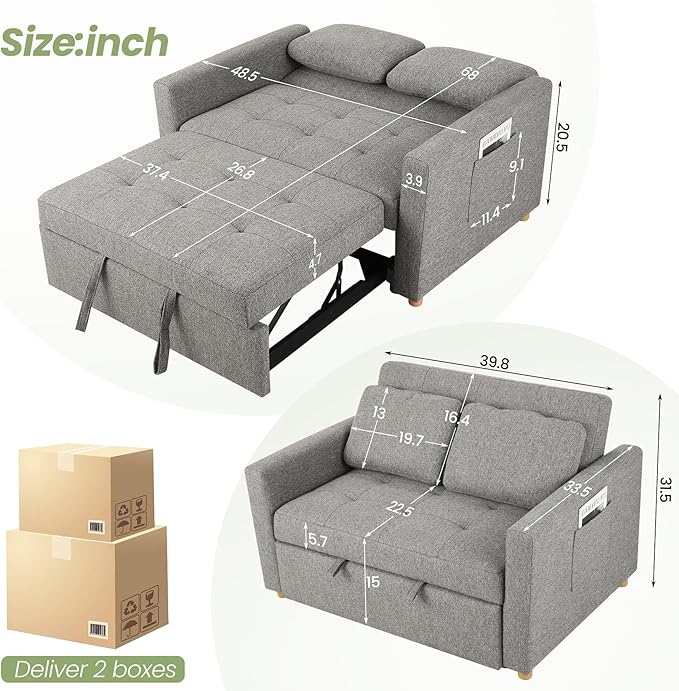 SEJOV Convertible Sofa Bed 3-in-1 Sleeper Sofa Pull Out Couch Bed 2-Seater Linen Fabric Loveseat Futon Sofa with Spring Support Adjustable Backrest for Small Spaces Living Room Grey