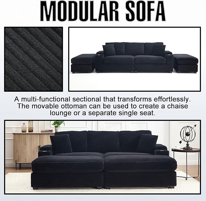 86.6 Sectional Sofa Couch with 2 Ottomans Comfy Corduroy Upholstered Cloud Modular Convertible Couch with Cup Holders and USB Armrest Storage Deep Seat Oversized Loveseat for Living Room (Black)