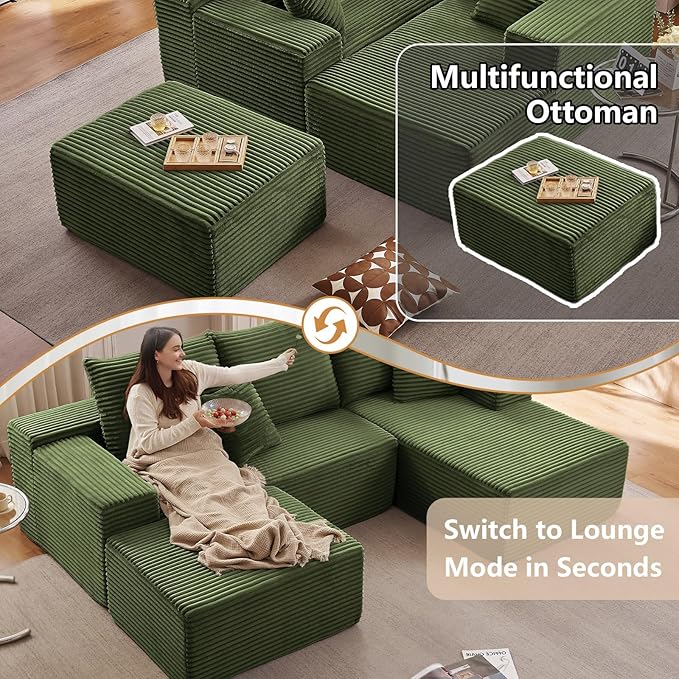 107 Modular Sectional Sofa with Ottoman Modern Corduroy Cloud Couch with Deep Seat Boneless Couch Upholstered 3-Seater U-Shaped Sofa for Living Room No Assembly (Green Right-Facing Chaise)