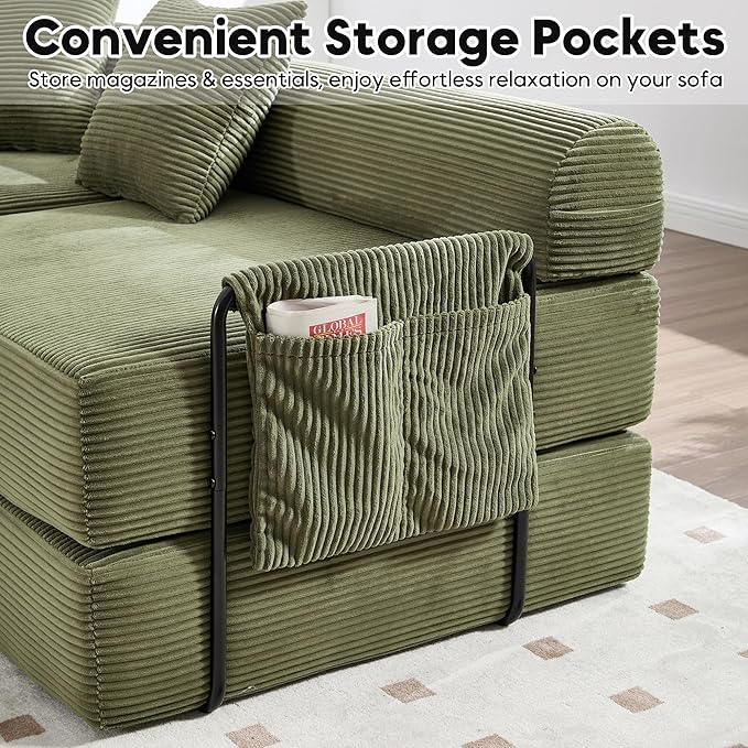 L Shape Convertible Sofa Bed with Cylindrical Pillow and Storage Pocket Convertible Sofa Couch Bed with Support Frame for Living Room Bedroom Children Room-Oliver Green