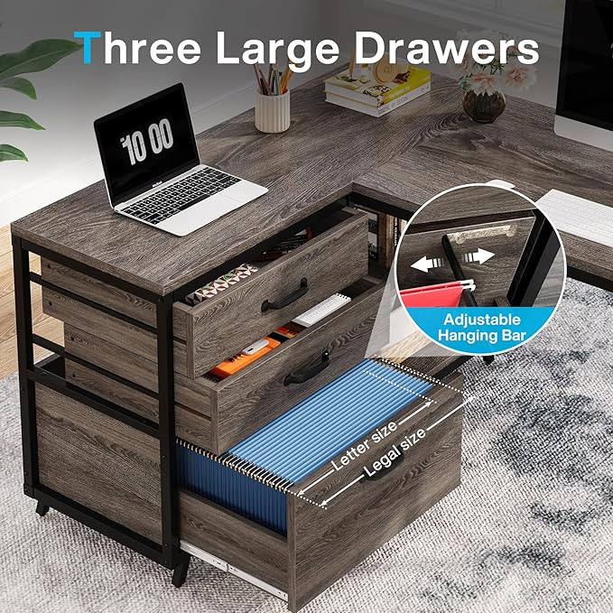 Tribesigns L-Shaped Desk with 3 Drawers Reversible Corner Home Office Computer Desk with Shelves 53-Inch Industrial PC Desk Study Writing Table Workstation for Small Space Grey
