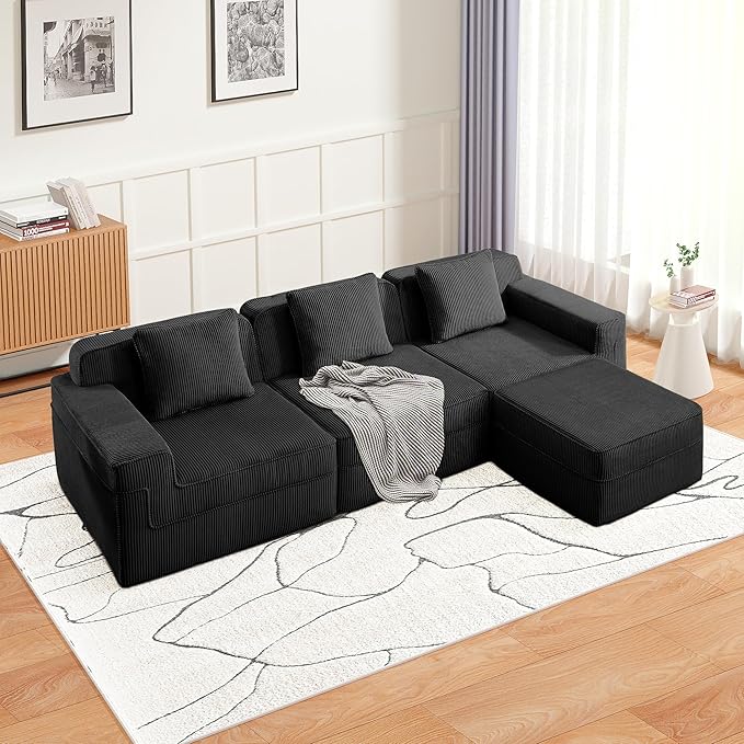 117.3 Compressed Sofa with Deep SeatsL Shaped Boneless Sectional Couch with High Density Memory Foam SofaBlack 3 Seater Sofa for Living Room ApartmentsNo Assembly