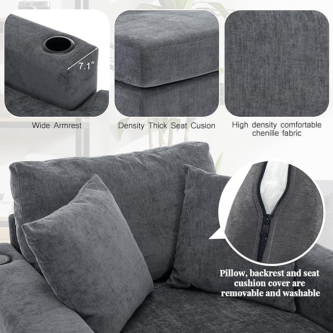 Merax Modern 43.5 Chaise Lounge with Pillow Charge Station &amp Cup HoldersUpholstered Sofa Recliner Chair for Living Room Bedroom Blue Gray