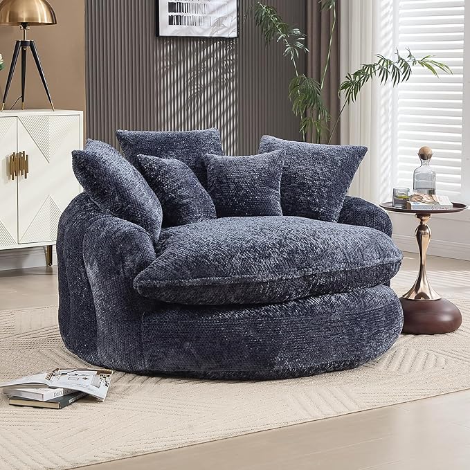 54 Oversized Round Chair Couch Lounge Chaise Indoor Comfy Boneless Sofa for Living Room Cloud Large Circle Couch Chair with 5 Pillows Fluffy Modern Sleeper Sofa Bed for Reading (Blue)