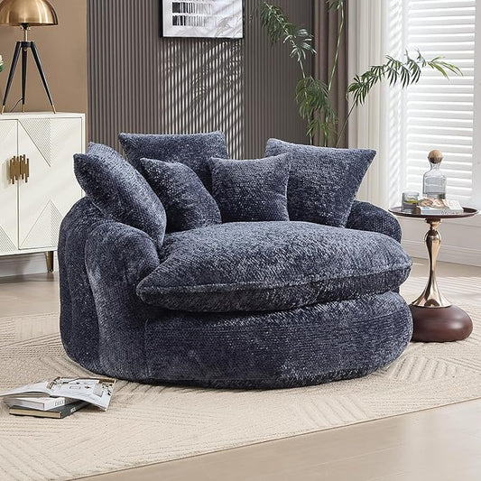 54 Oversized Round Chair Couch Lounge Chaise Indoor Comfy Boneless Sofa for Living Room Cloud Large Circle Couch Chair with 5 Pillows Fluffy Modern Sleeper Sofa Bed for Reading (Blue)