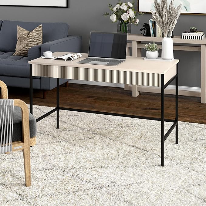 Henn&ampHart 48 Fluted Mid-Century Modern Rectangular Wooden Home Office Desk Computer Desk Writing Table with 3 Ribbed Storage Drawers for Bedroom Living Room or Home Office Beech White