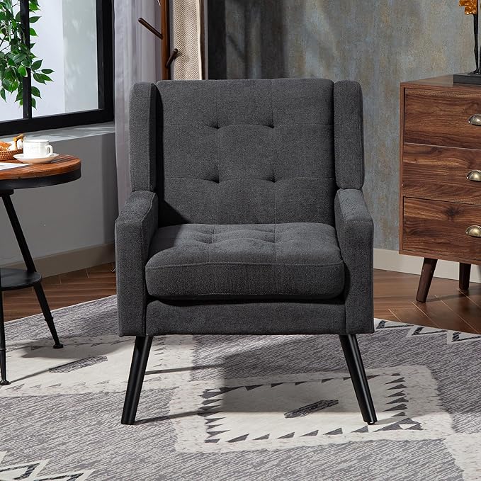 Mid-Century Modern Accent Chair Plush Linen Fabric with Button Tufted High Back &amp 5 Thick Cushion High Comfort Reading Chair for Living Room Bedroom Office (Dark Gray)