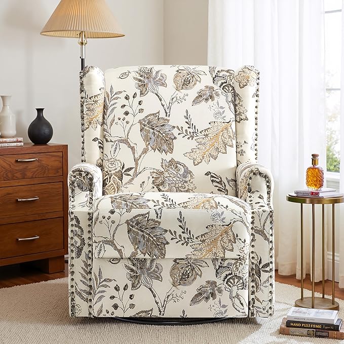 Swivel Glider Recliner Chairs Set of 2 High Back Rocker Reclining Accent Chair with Smooth Manual Mechanism for Nursery Comfortable &amp Quiet Upholstered Armchair Seating-Cream Plant