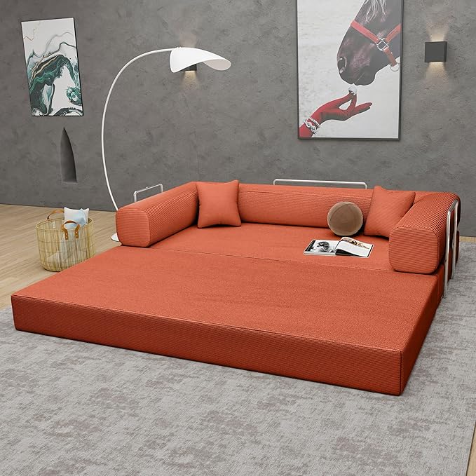 Convertible Couch Sofa Bed Foldable Floor Sleeper | All High-Density 35D Foam | Fold Out Deep Seat Couch | King Size | Compression Sofa Sleeper for Living Room Bedroom | Corduroy Orange