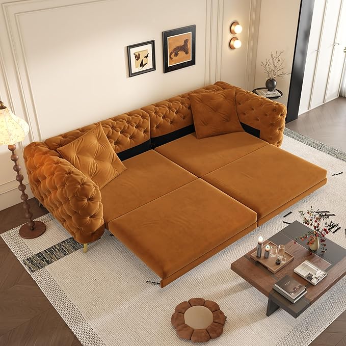 Ball &amp Cast 3-in-1 Convertible Sleeper Sofa with Movable Ottoman97.7 Velvet Pull Out Sofa Bed Modern Button Tufted 4-Seater Sofa Couch with Deep Seat for Living Room ApartmentOfficeOrange