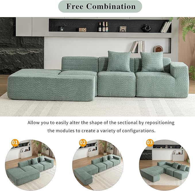Merax 116.5 Minimalist Cloud Sectional Couch with L-Shape Chaise Green Modern Modular Sofa with Deep Seat Convertible 4 Seat Sleeper Couches Set for Living Room No Assembly Required Green